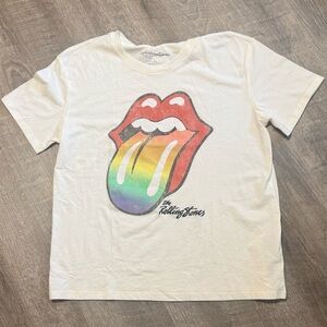 the Rolling Stones White Tee with Rainbow Tongue Graphic